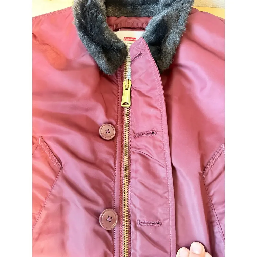 Supreme B-9 Parka Jacket Burgundy Maroon Black Faux Fur Collar Size S Military